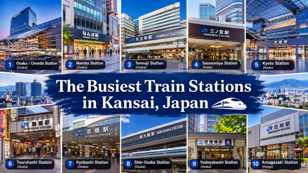 Illustrated rail-line graphic of the 10 busiest train stations in Kansai, Japan, ranked by daily ridership