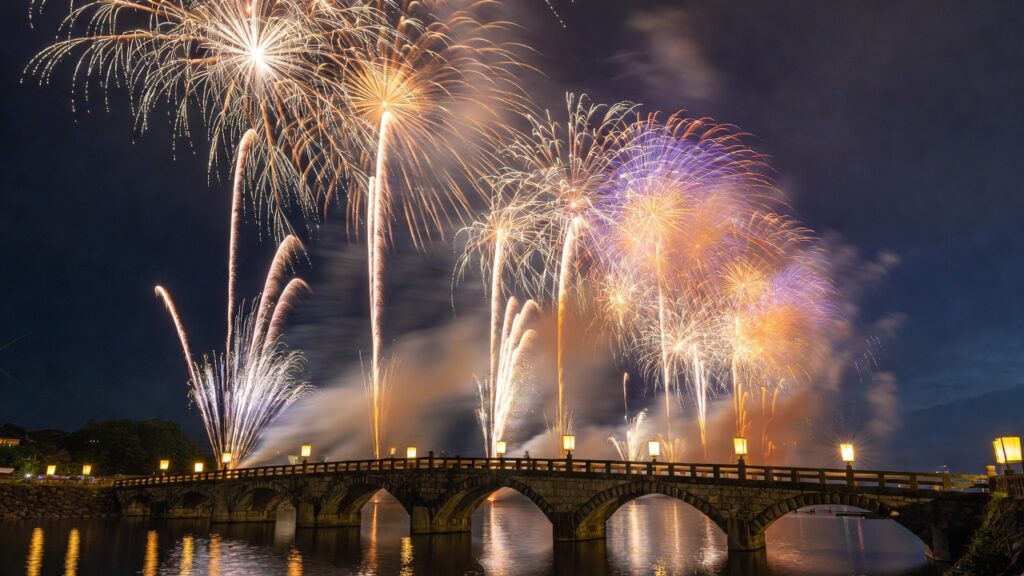 Takebe Taisha Fireworks 2026: Shiga Summer Guide Fireworks exploding over Seta Karahashi Bridge during the Takebe Taisha Boat Procession Festival in Otsu, Shiga Prefecture, Japan