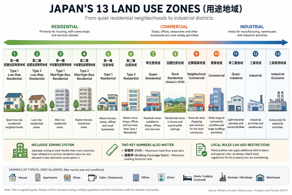 Japan Zoning Laws: What Property Buyers Need to Know Infographic showing Japan's 13 land use zones from residential to commercial and industrial areas