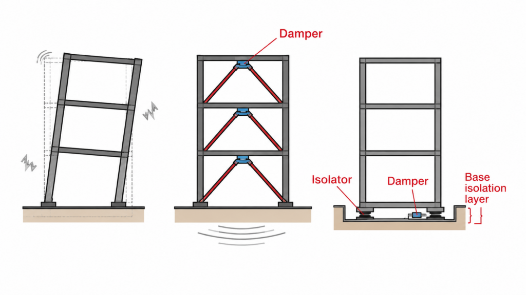 Why Japan Builds for the Shake: A Look at Japan's Earthquake Technology Comparison of three earthquake-resistant building designs showing a conventional structure, a damped structure, and a base-isolated building used in Japan.