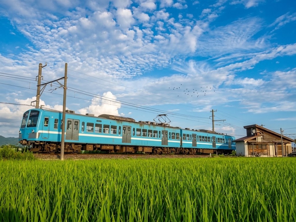 The Ten Busiest Train Stations in Shiga A light blue local train is seen next to a traditional wooden building at Maibara Station in Shiga Prefecture, Japan, with green rice fields in the foreground and a blue, cloudy sky. This is an image for a blog post on the 10 busiest train stations in Shiga.