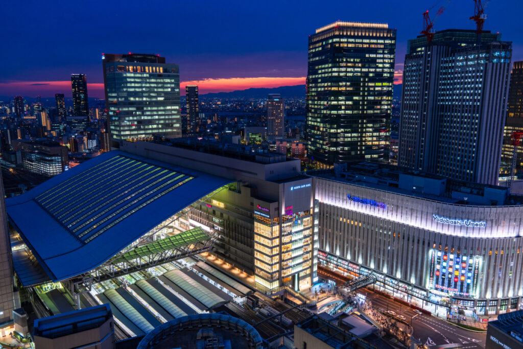 Osaka Station and Umeda district rail complex in downtown Osaka, Japan